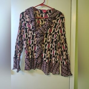 Sunny Leigh Geometric Pleated Y2K Ruffles Colorful Polyester Bell Blouse XL